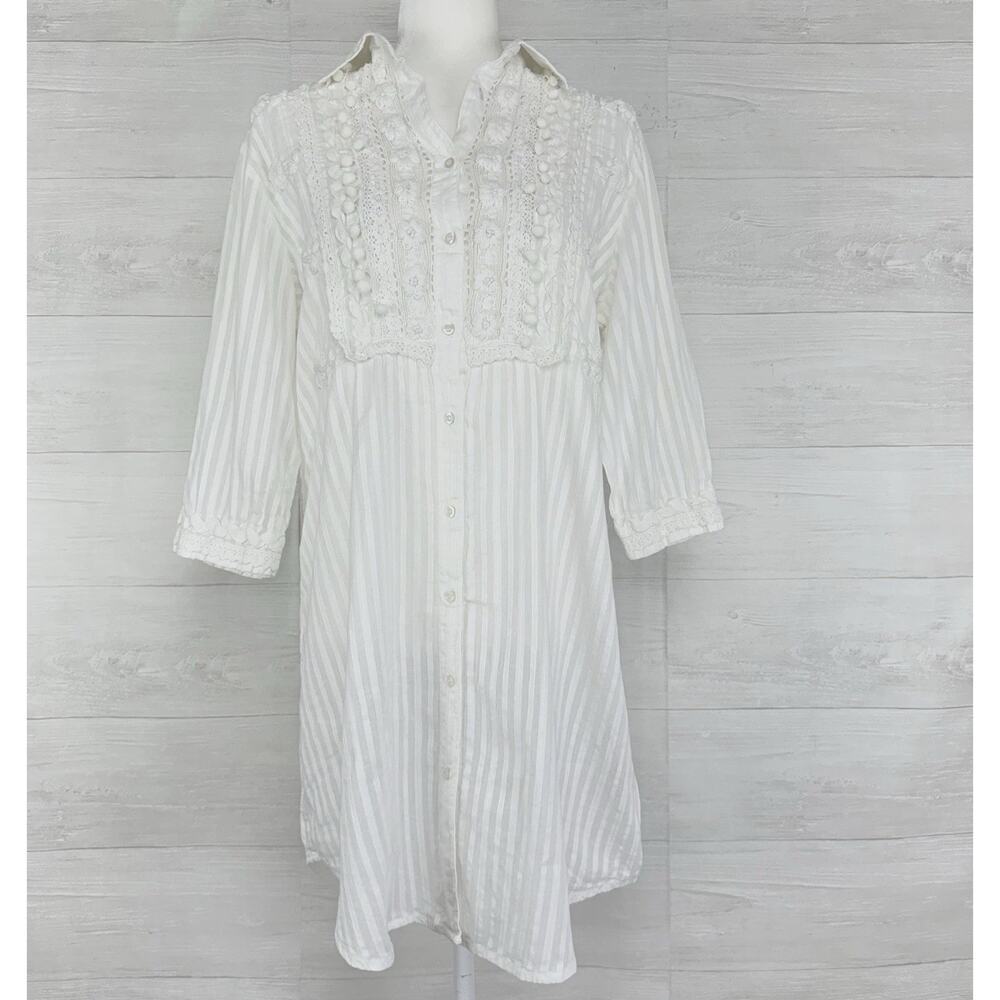 Antica Sartoria White Floral Embroidered Tunic Top Size M Button Down Boho Beach